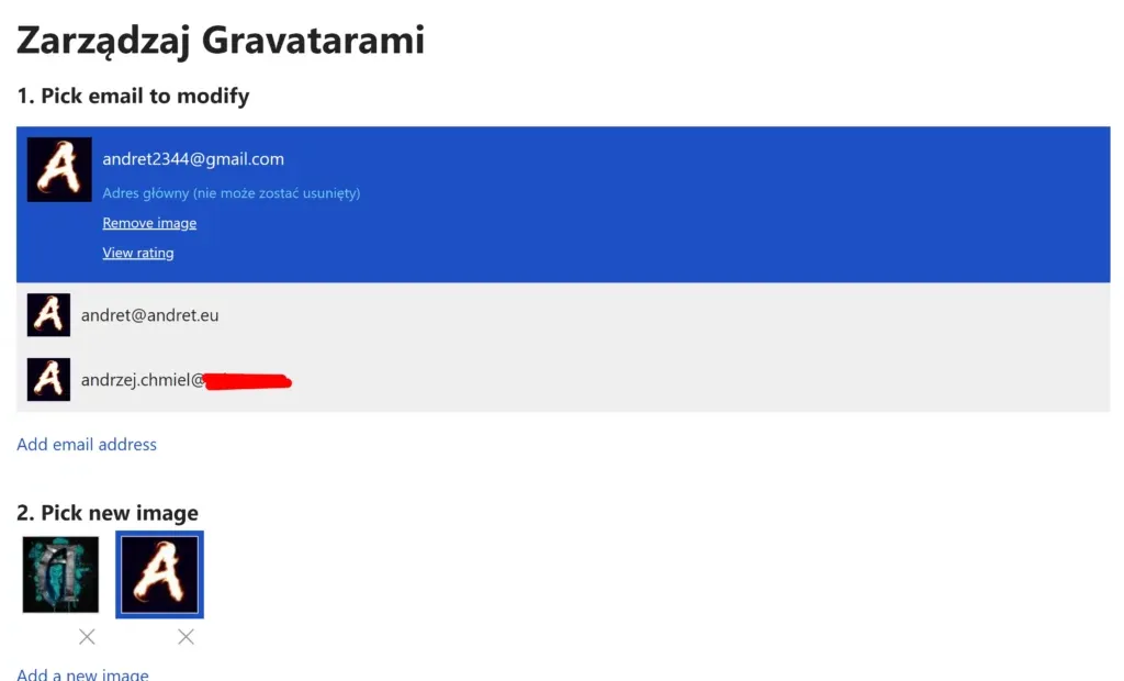 Panel zarządzania grafikami na stronie gravatar.com